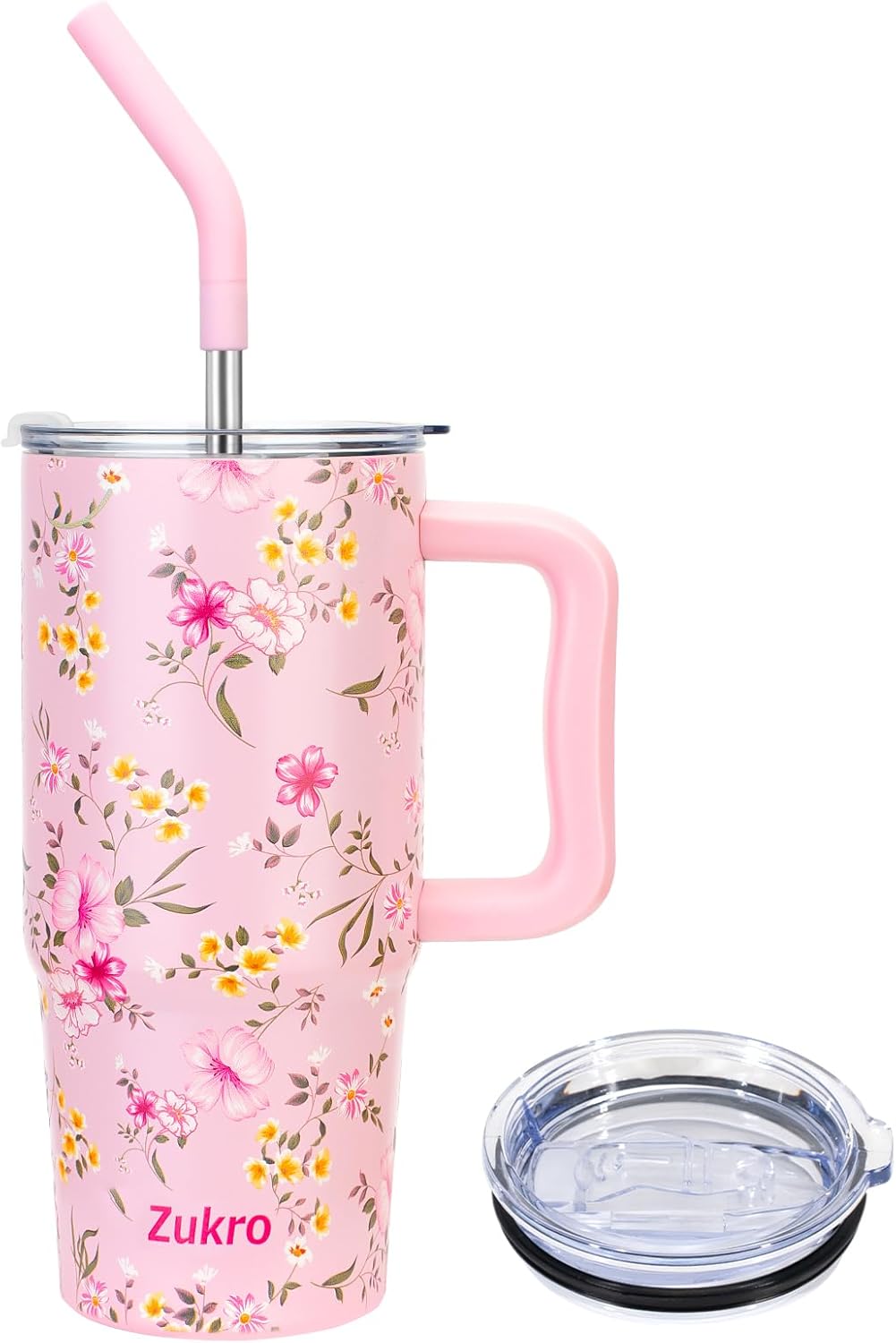 Zukro 24 oz Tumbler with Handle and Straw, Triple-wall Vacuum Insulated Coffee Travel Mug with 2 Lids For Hot/Cold Drinks, No Sweat Stainless Steel Cup for Home/Office, Dishwasher Safe, Floral
