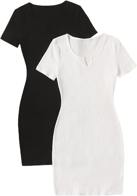 SOLY HUX Girl's 2 Piece Notched Neck Short Sleeve Ribbed Knit Bodycon Mini Dress