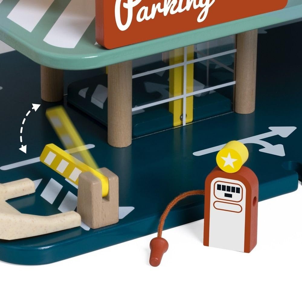 Classic World Parkgarage 3-stöckig aus FSC-Holz & Bio-Kunststoff, Retro-Parkhaus mit Aufzug, Tankstelle, Autos & Hubschrauber, Spielgarage ab 3 Jahren
