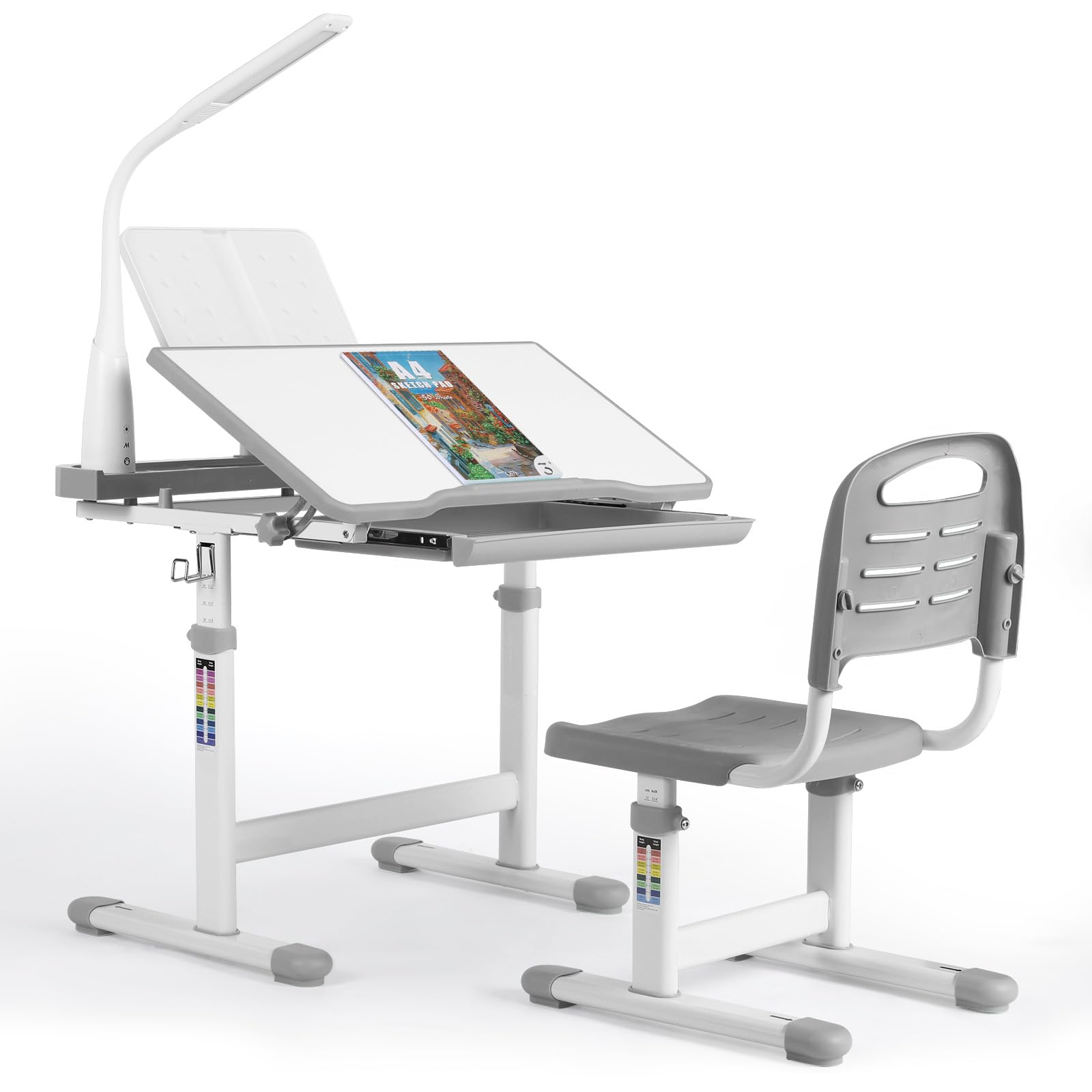 MAMIZO Kinderschreibtisch und Stuhl Set, Höhenverstellbarer Kinder Schreibtisch und Stuhl Set, Schülerschreibtisch, Jugendschreibtisch Multifunktionaler, Lampe und LesestäNder (Grau)