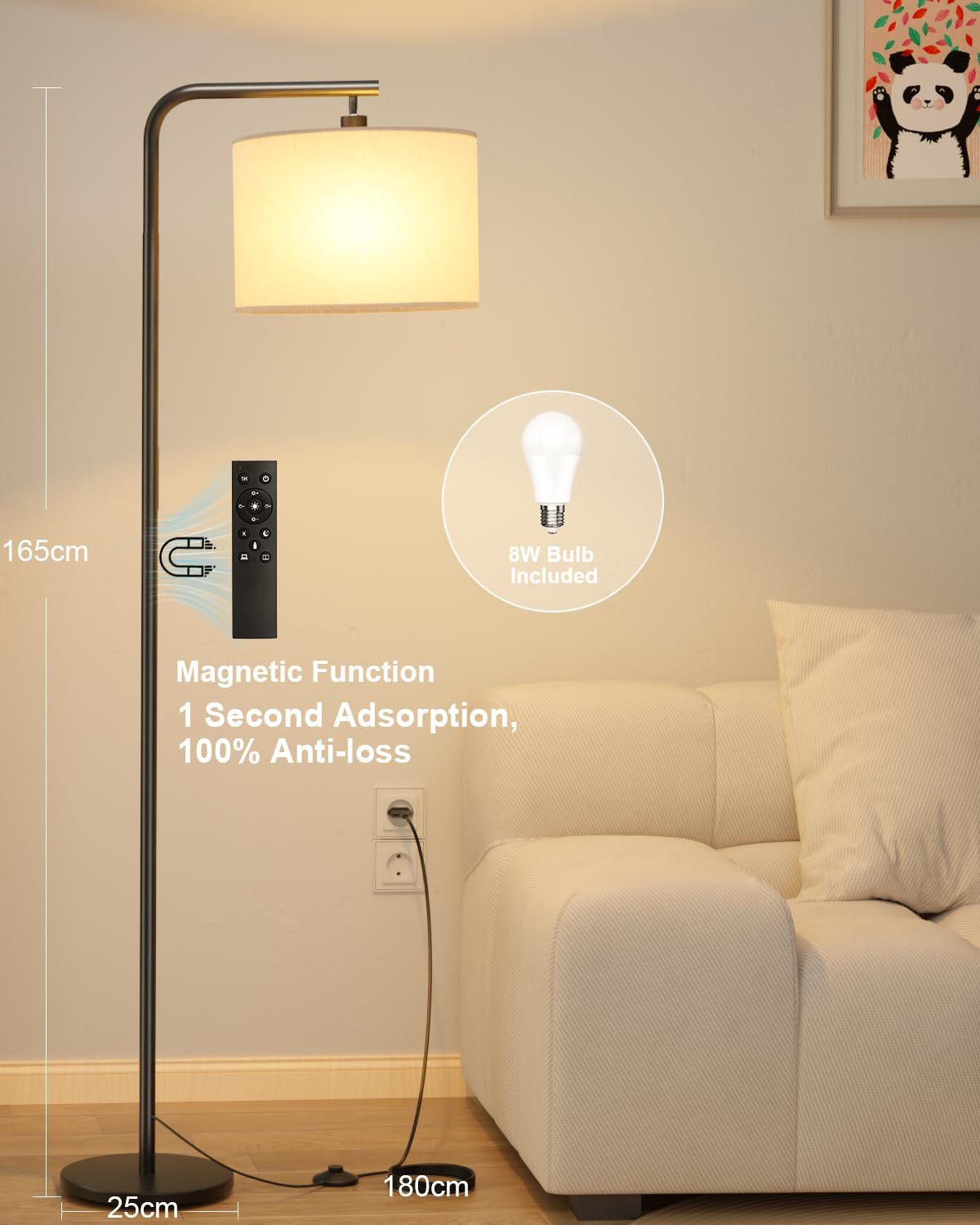 Lampara de Pie Salon Regulable - 11 Temperaturas, Control Remoto & Interruptor de Pie, Bombilla LED 8W Energía Eficiente, Amigable con Ojos, Perfecta para Sala de estudio, Dormitorio y Oficina