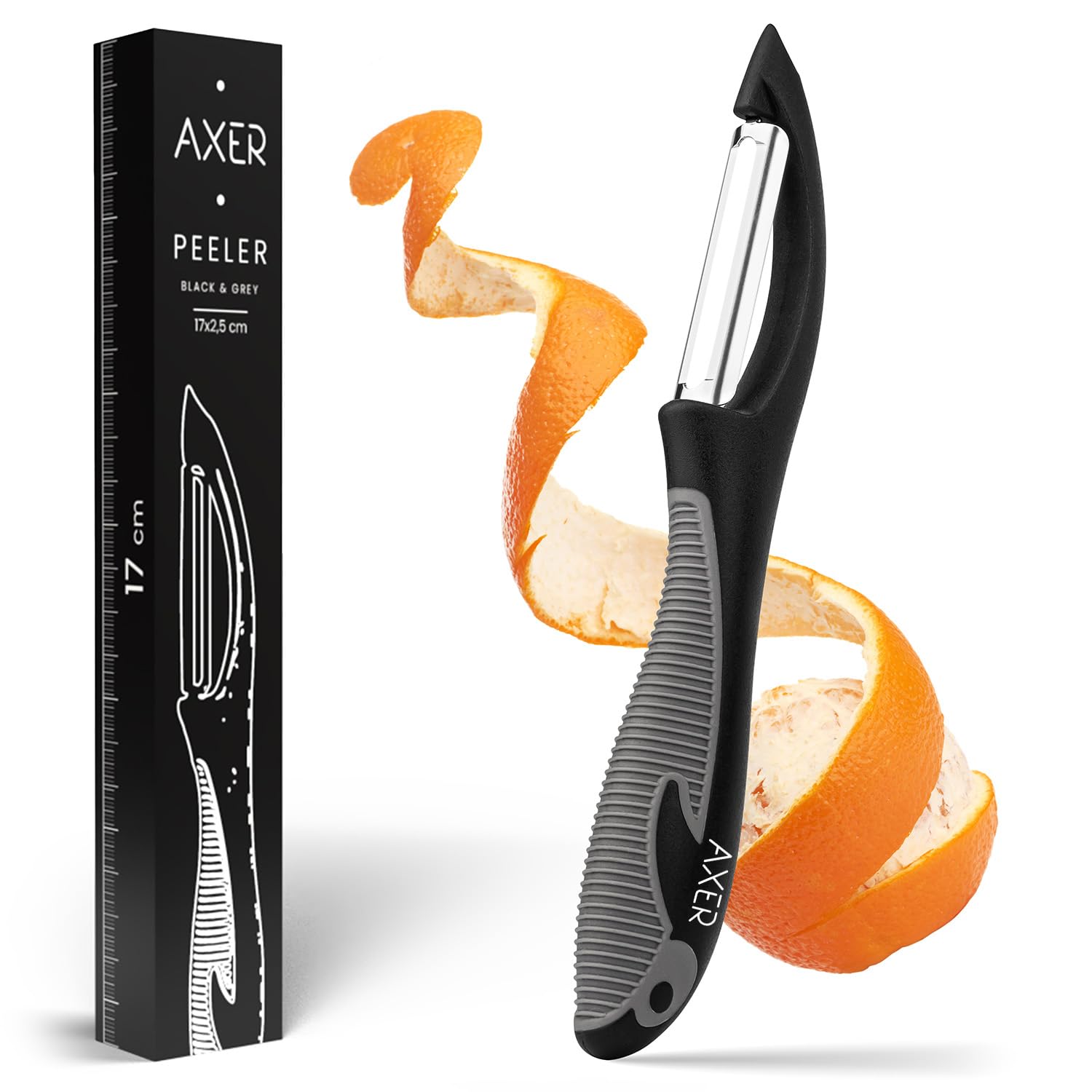 Axer Econome Legumes Noir & Gris - Eplucheur Légumes et Fruits avec Lame Dentelée - Économe Legumes Lavable au Lave-vaisselle - Cuisine Accessoires Pratique - Easy Peeler