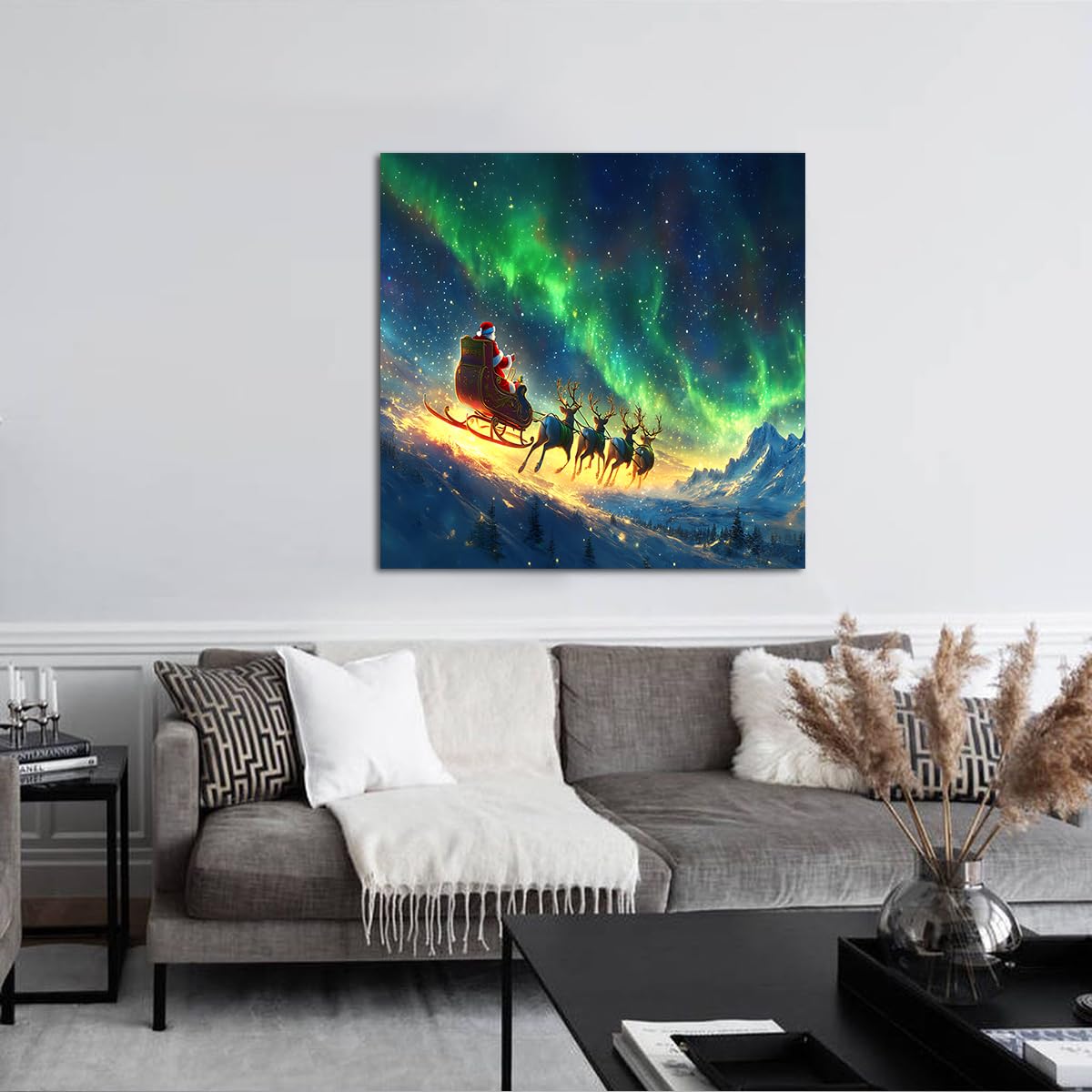 SHENGPOSTER Święty Mikołaj sanki wydruki na płótnie Aurora Borealis Wall Art Winter Wonderland Dekoracja ścienna do salonu jadalnia mieszkanie gotowe do powieszenia 50 x 50 cm Rama wewnętrzna