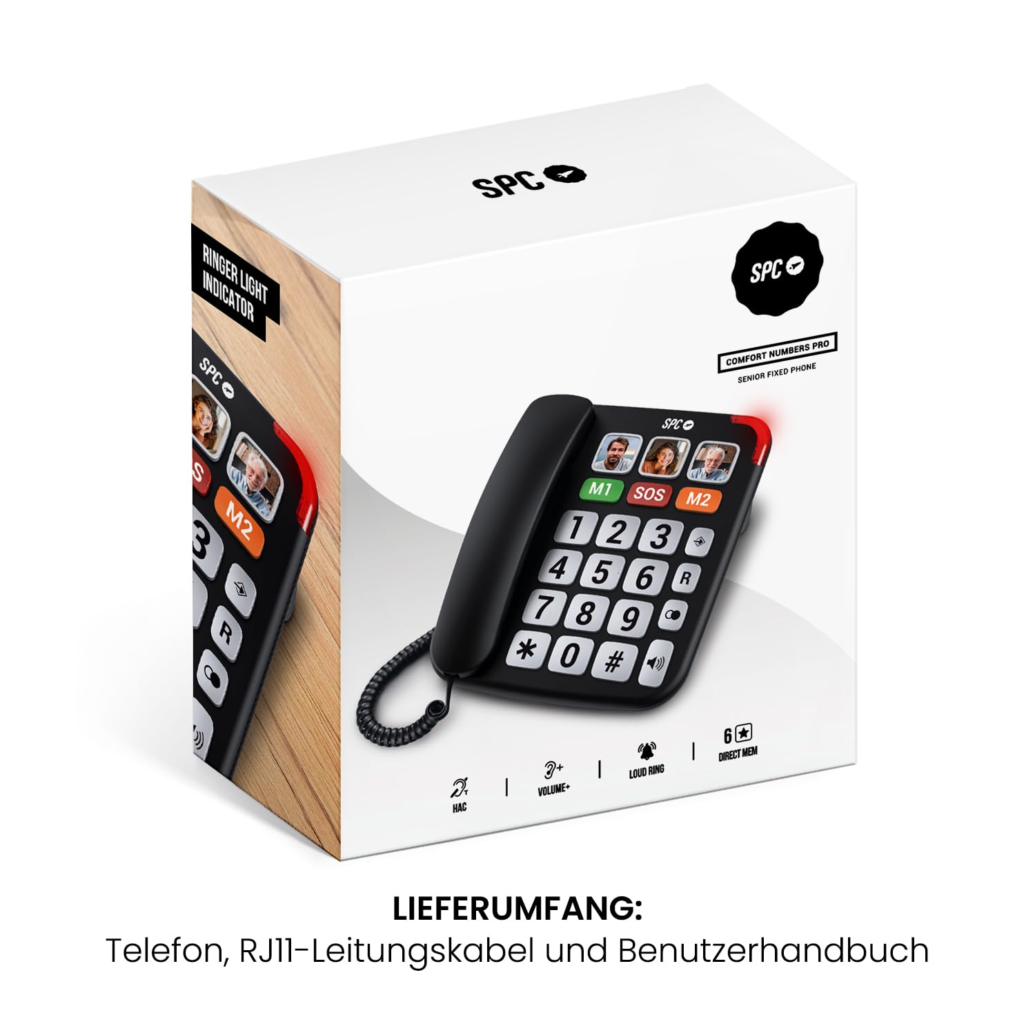 SPC Comfort Numbers Pro - Senioren-Festnetztelefon mit großen Tasten und lautem Klingeln | Verstärkbare Anruflautstärke +20dB | 6 Direktspeicher, Freisprechen | Hörgerätekompatibel – Schwarz