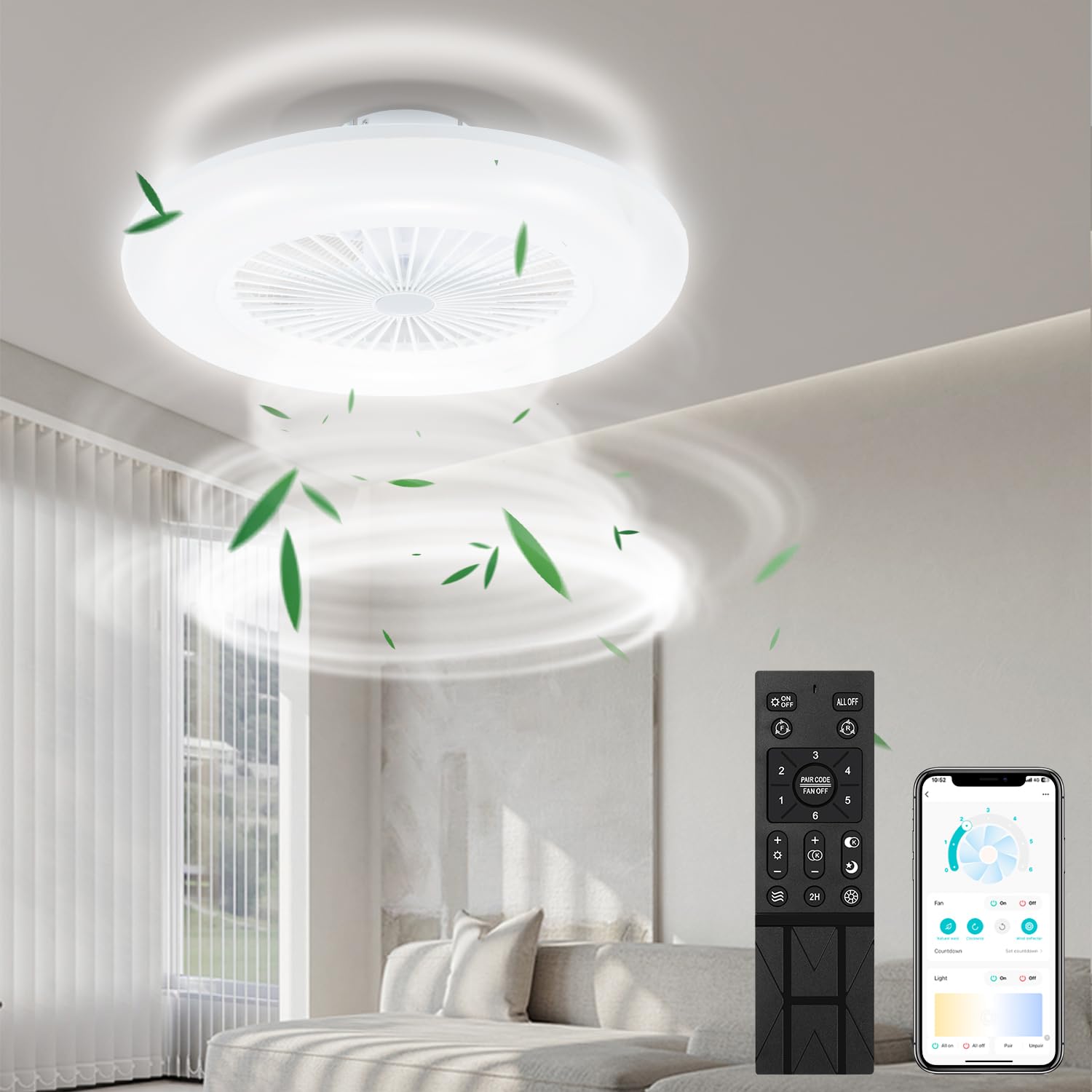 Daromigo 80W Deckenventilator mit Beleuchtung und Fernbedienung WLAN Ø55 cm, 6 Geschwindigkeiten, Dimmbar, Timer, Sommer-Winterbetrieb für Schlafzimmer Wohnzimmer