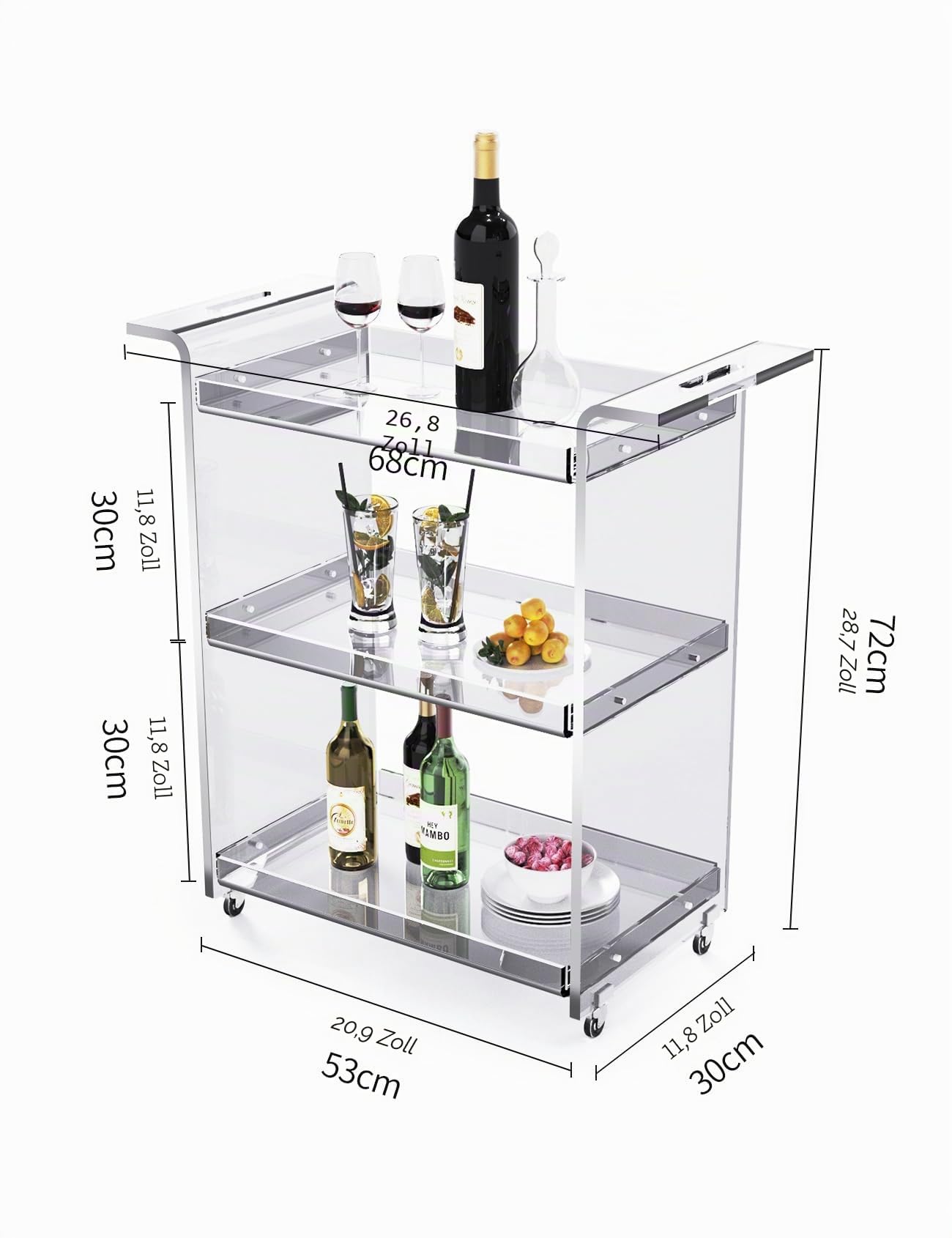 Acryl Servierwagen Barwagen Küchenwagen, mit Rollen Feststellbar, 53 x 30 x 72 cm (Transparent)