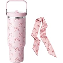 Fjbottle 40 oz Tumbler with Straw and Lid Double Wall Vacuum Insulated Stainless Steel Water Bottle Travel Mug with Handle Coffee Mug for Hot Iced Drink Pink Bow, 1200 ml