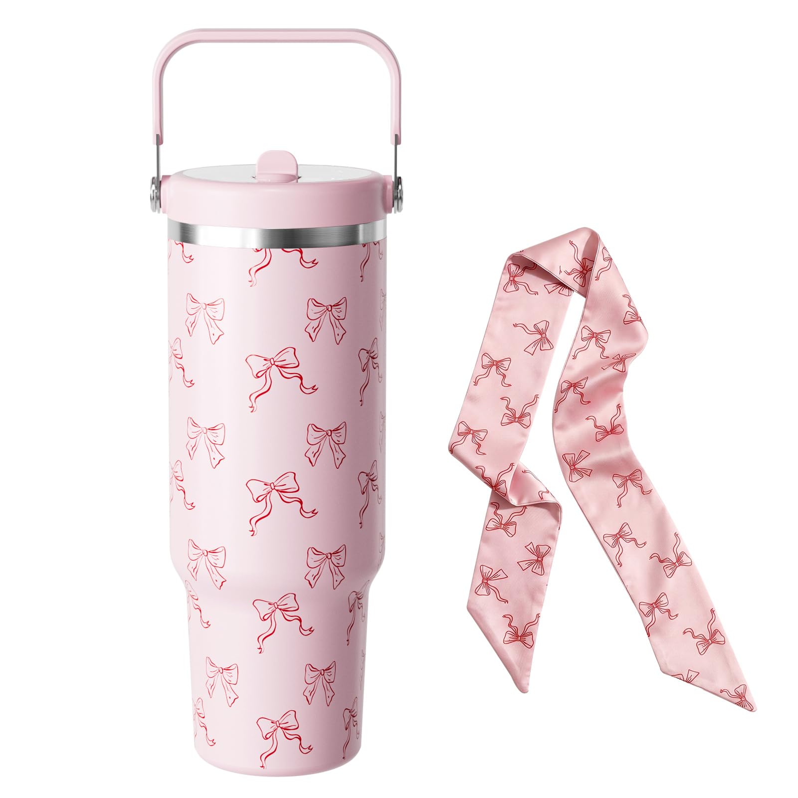 Fjbottle 40 oz Tumbler with Straw and Lid Double Wall Vacuum Insulated Stainless Steel Water Bottle Travel Mug with Handle Coffee Mug for Hot Iced Drink (Pink Bow, 1200 ml)