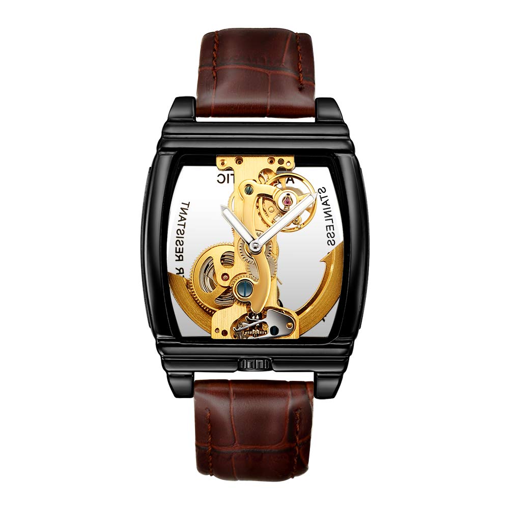 Reloj mecánico automático transparente para hombre, diseño de esqueleto steampunk, correa de cuero, reloj masculino montre Homme, Marrón y negro, Correa