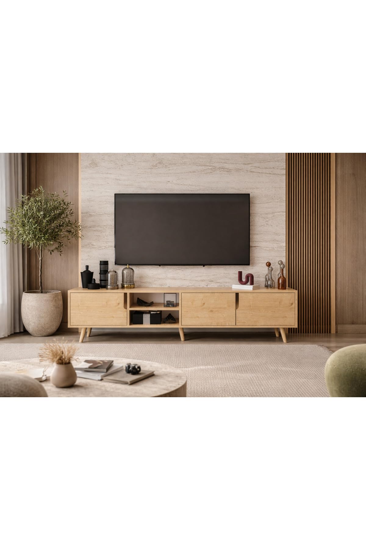 Latina Ahşap Ayaklı Tv Ünitesi Tv Sehpası 180 Cm Safir Meşe