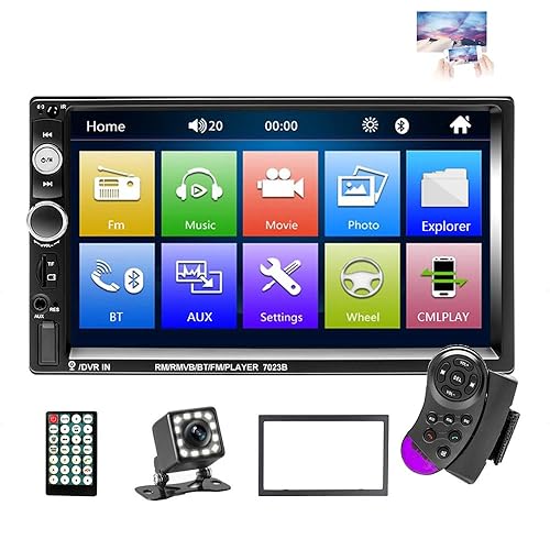 EKAT Double Din Car Stereo Receiver Bluetooth 7 Inch Touch Screen Car Radio Head Unit MP5 Video Digital Player Support Mirror Link TF FM AUX USB + Backup Camera and Remote Control