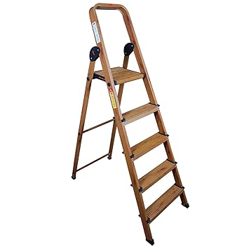 Prime Signature Edition 5steps(4+1) Wood-Finish Foldable Aluminium Ladder with Serrated Steps & Extra Strong Platform (Wood-Finish) - EN-131 Certified.