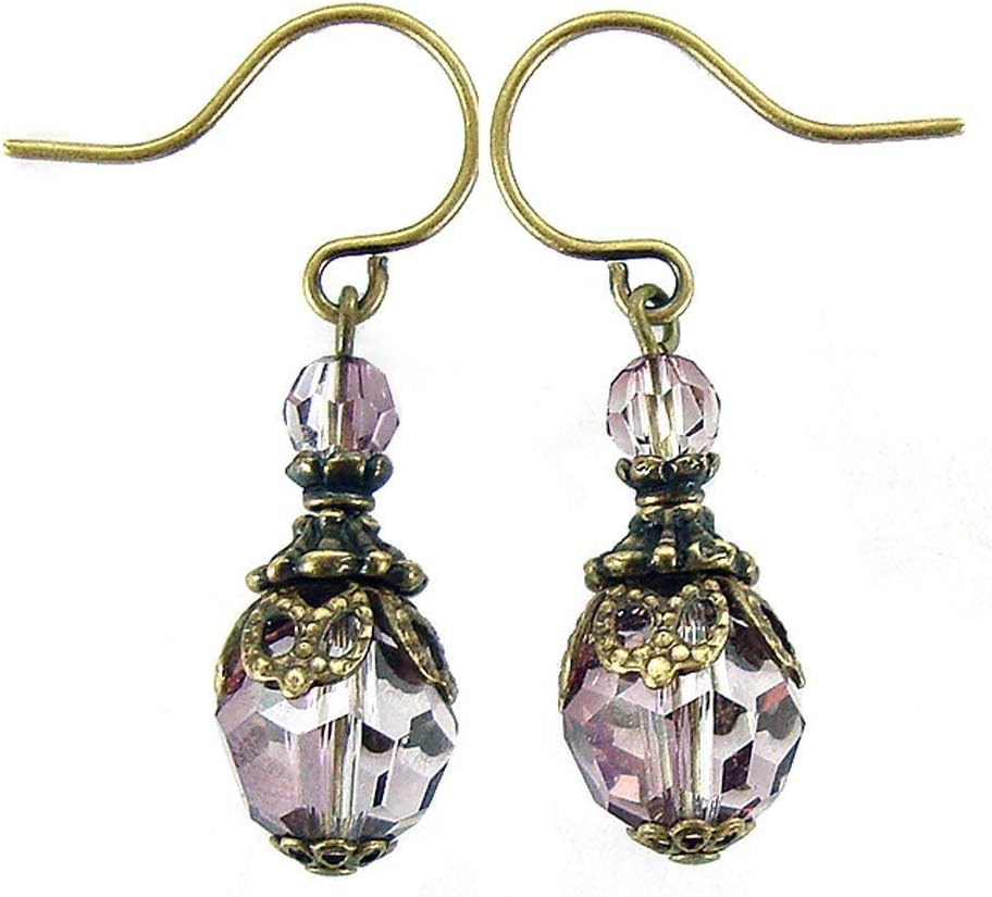 Handmade Products Dusty Pink Crystal Victorian Style Earrings with Antique Brass Filigree