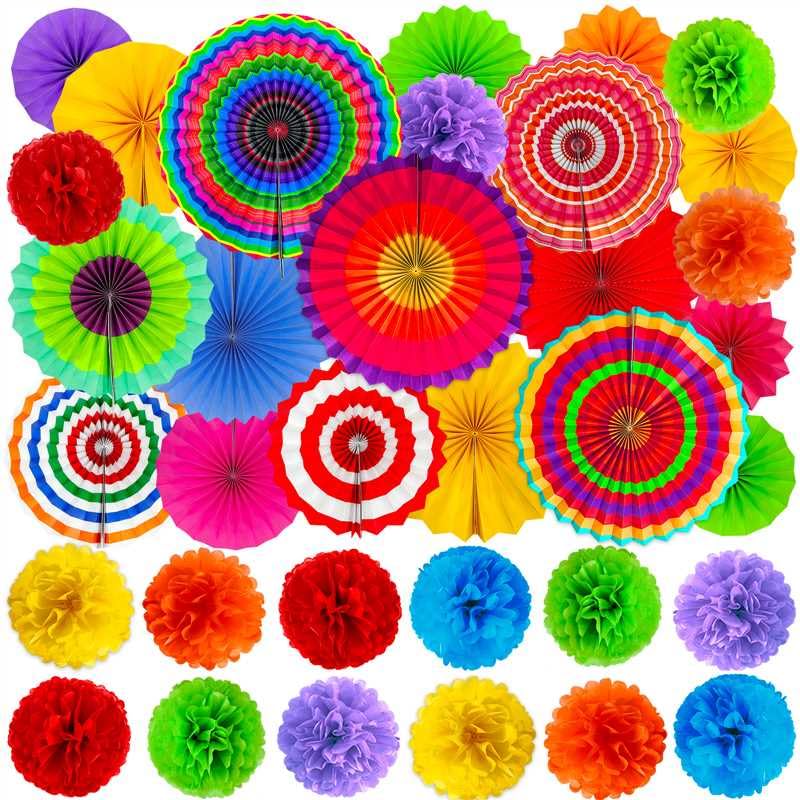 TURNMEON 38 Pcs Mexican Fiesta Party Decorations 18 Colorful Hanging Paper Fans 18 Pom Poms Flowers Pennant Garland String for Mexican Theme Party