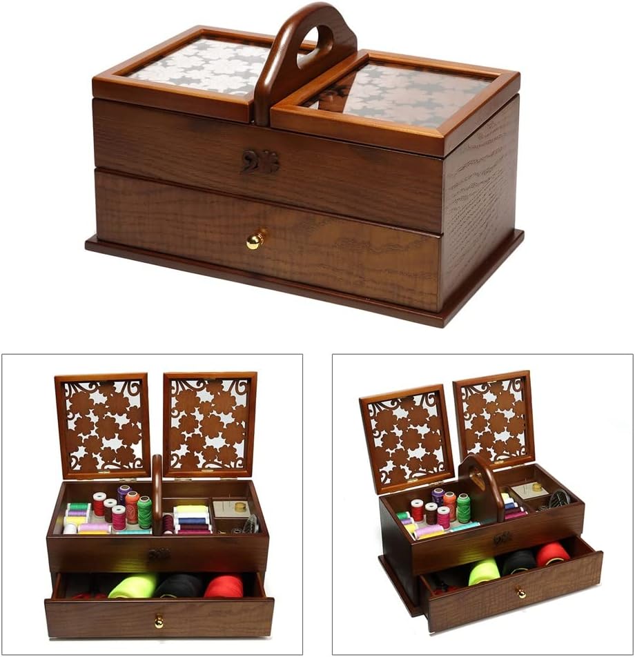 FMURY Retro Cantilever Wood Sewing Basket Sew Kit Storage Expanding Box Case Wooden Organizer