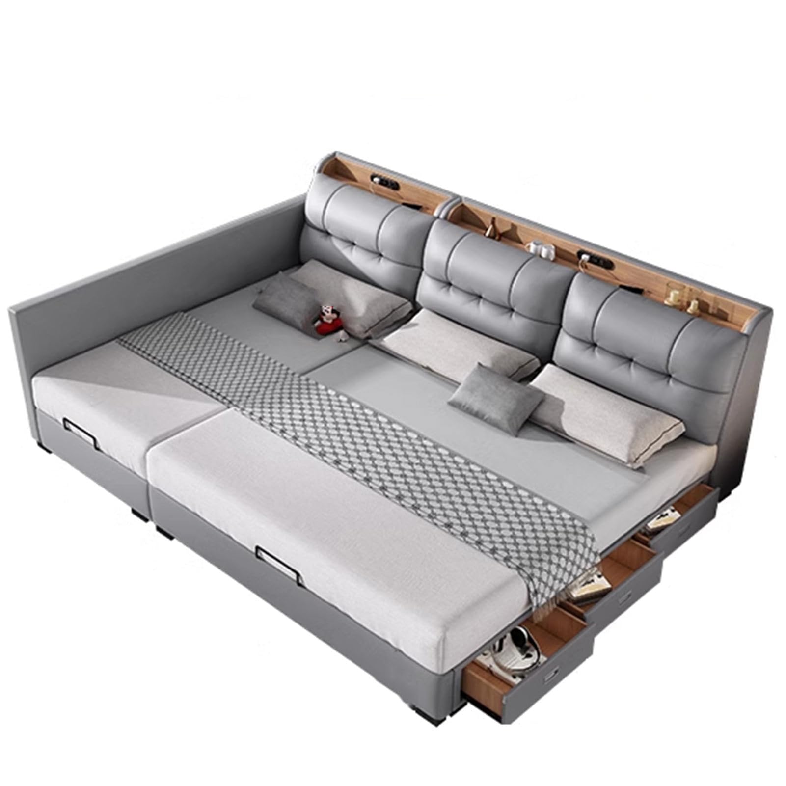King Size Mid-Century Genuine Leather Bed Set Thick Padded Headboard with Headboard and Lift Up Storage Wooden Slats