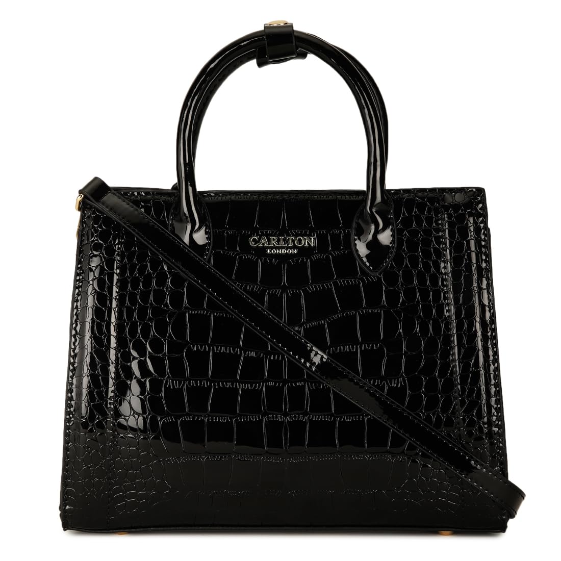 Carlton London Black Textured Glossy Handbag.