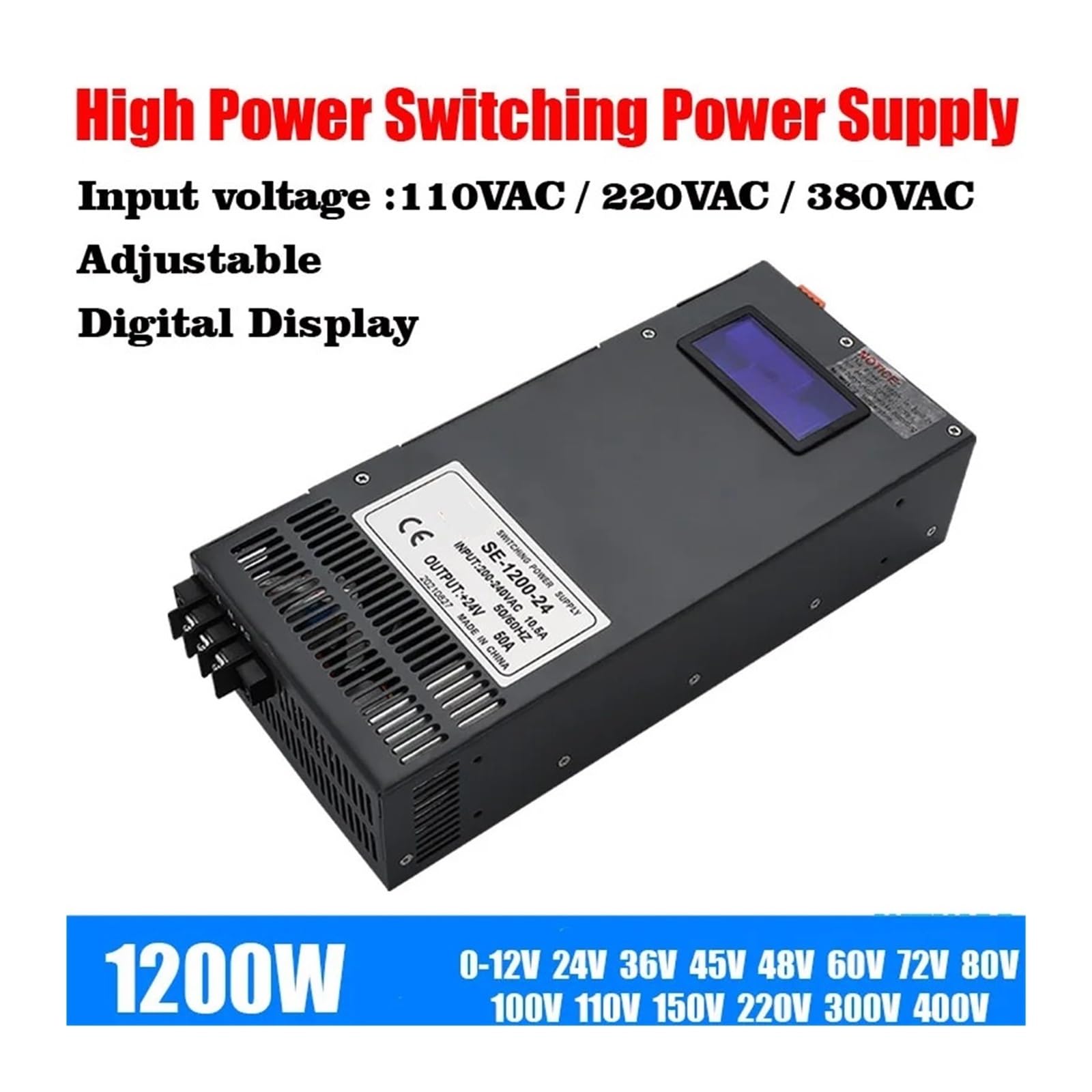 Fuente de alimentación conmutada 1200 W, 0-12 V, 15, 24, 36, 48, 60, 80, 110, 220, 300 CA/CC, 110/220/380 CA, Pantalla Digital Ajustable(0-300v 0-4a-1200w,220VAC)