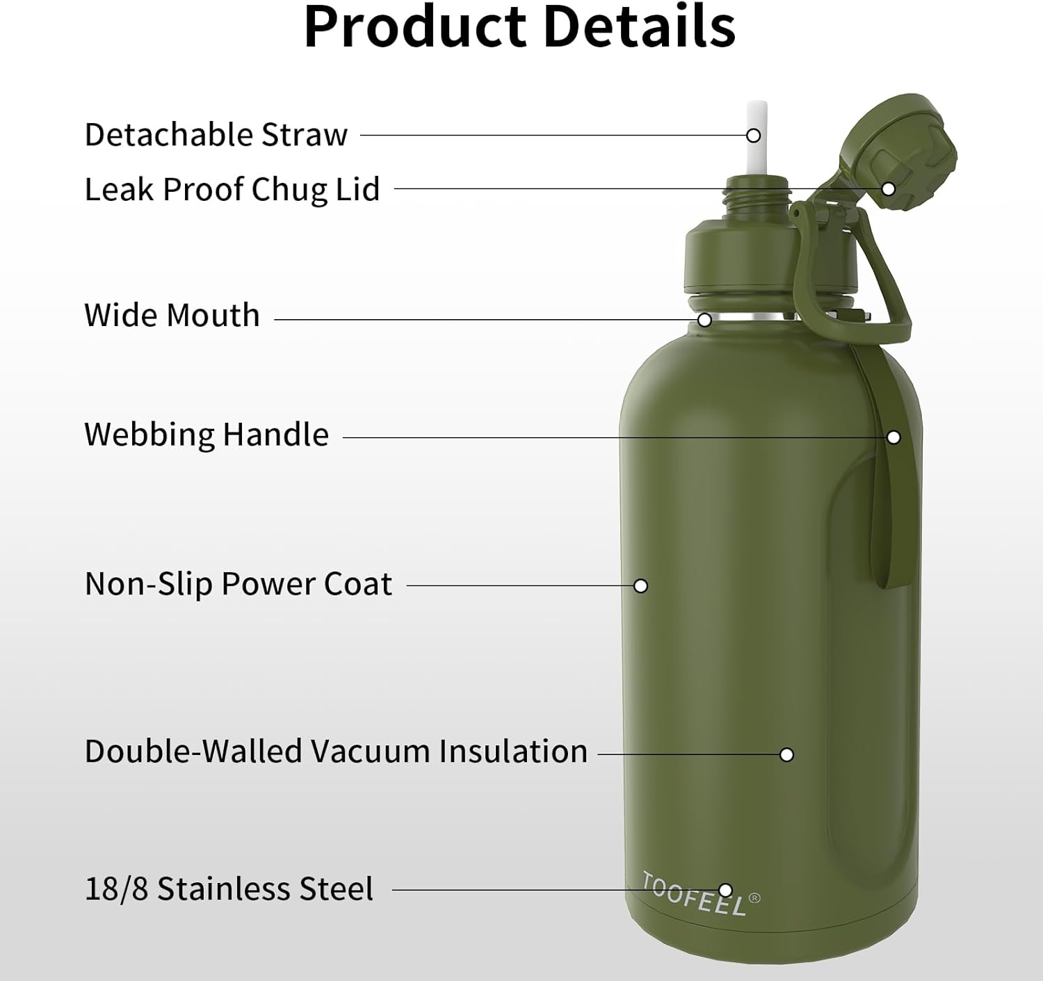 Toofeel Insulated Stainless Steel Water Bottle 74 oz, 2.2L Double Walled Vacuum Big Thermos, Leak Proof Cold Water Bottle, Wide Mouth Metal Bottle for Hot and Cold Drinks, BPA Free, Army Green