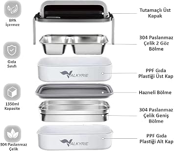 Valkyrie 1350 ml Termal Yemek Kabı Seti – Çelik Bölmeli Sızdırmaz Lunch Box + Isı Yalıtımlı Çanta