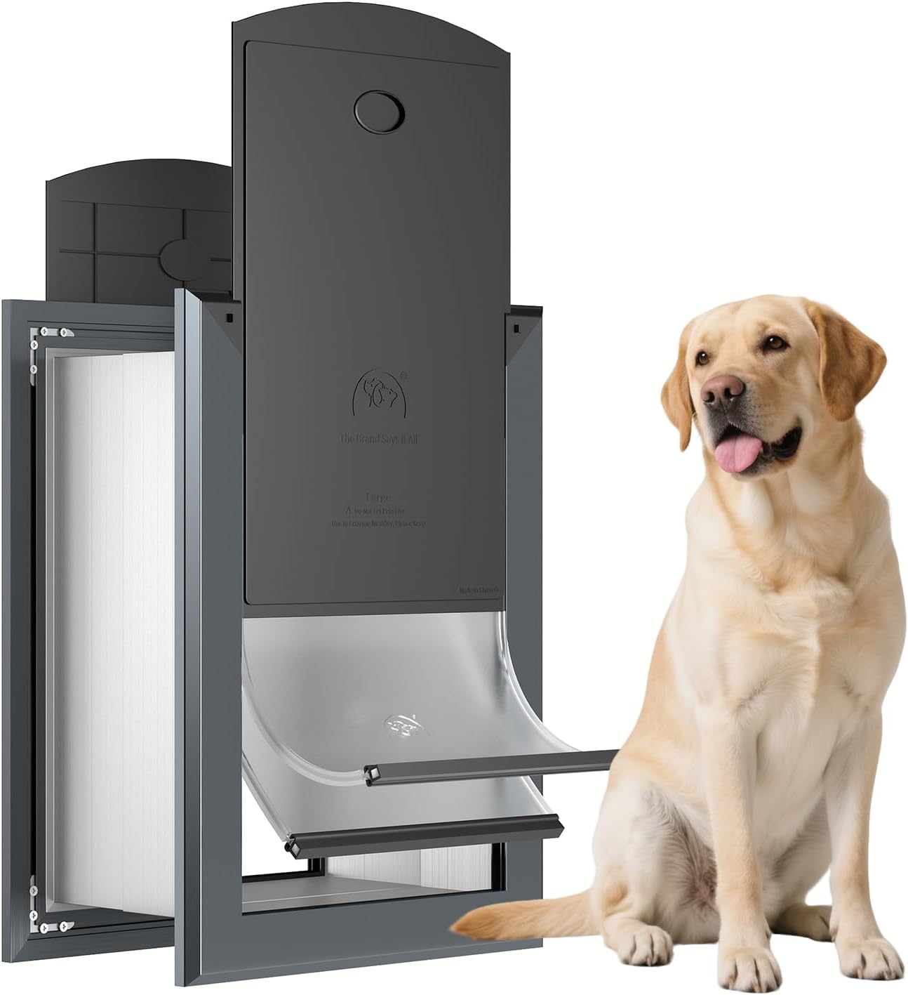 FreeStanding Dog Door for Wall, Large Dog Door with Heavy Duty Aluminum Frame, Telescoping Tunnel, Double Magnetic Flaps and Double Sliding Lock Panels, Up to 110lbs, Smoky Gray