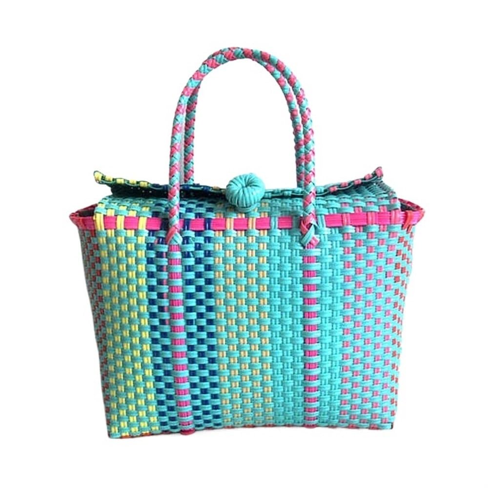 MBACODAI Bolso de playa tejido duradero for mujer, bolso de cubo tejido, bolsos de mano informales, cesta trenzada de plástico de paja