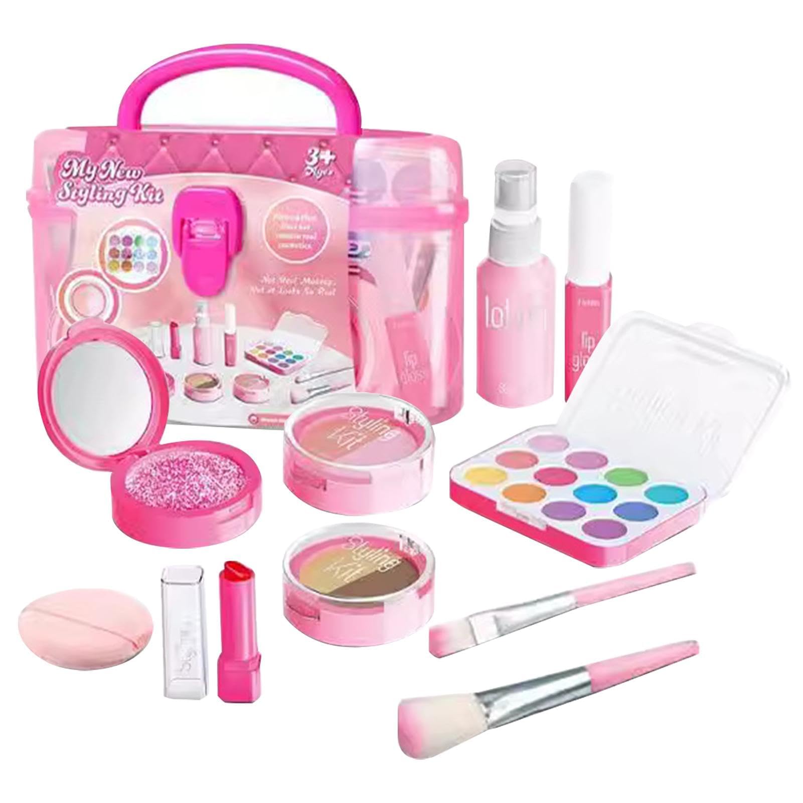 Portable Pretend Makeup Kit, Simulation Beauty Role Play Set with Carrying Case & Full Accessories, Cosplay Stage Performance Makeup Prop Set (Pink)