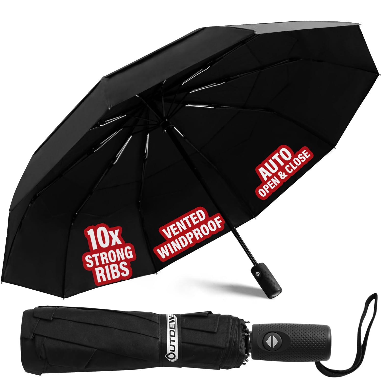 outdewWindproof Umbrella, Compact and Heavy Duty Black Portable Umbrella for Rain, Perfect Folding Umbrella for Travel, Ideal Travel Umbrella Compact for Travelers Seeking a Sturdy