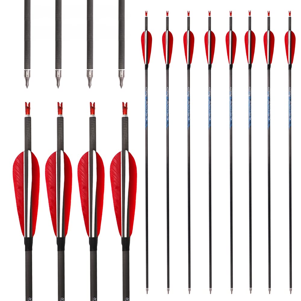 ACCMOS 12St ID 6,2 mm Jagdpfeile Spine 250 300 340 400 500 600 700 800 Pfeil aus Reinem Carbon Länge 26-32 Zoll mit 4 Zoll Rote Weiße Truthahnfeder