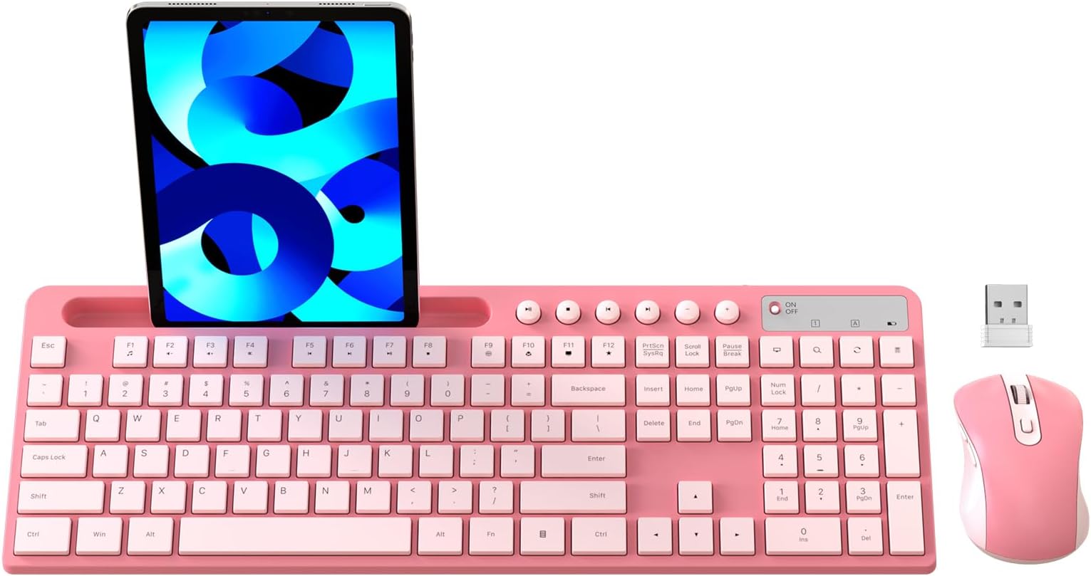 MARVO Wireless Keyboard and Mouse Combo, 2.4G Ergonomic Wireless Computer Keyboard with Phone Tablet Holder, Silent Mouse with 6 Button, Compatible with MacBook, Windows (Sakura Pink)