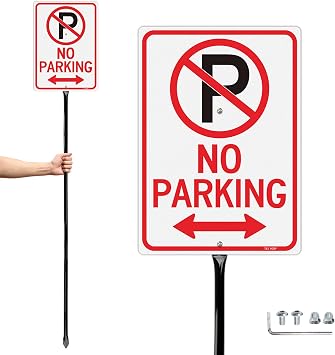 T&R Large No Parking Signs with 54" Stake - 14"x10" .040 Rust Free Aluminum, Reflective, Waterproof and Fade Resistant, 2 pre-drilled holes, Includes Matching Screws & Wrench, Easy to Mount