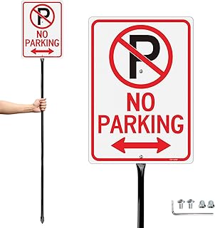 T&R Large No Parking Signs with 54" Stake - 14"x10" .040 Rust Free Aluminum, Reflective, Waterproof and Fade Resistant, 2 pre-drilled holes, Includes Matching Screws & Wrench, Easy to Mount