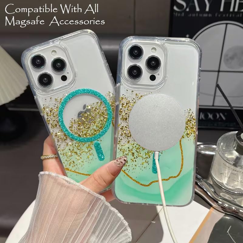 Image of mobistyle Compatible with iPhone 13 Pro | Magentic Glitter Gradian Elegant | Camera Lens Protection Back Cover Case for Women Girls iPhone 13 Pro (Green)