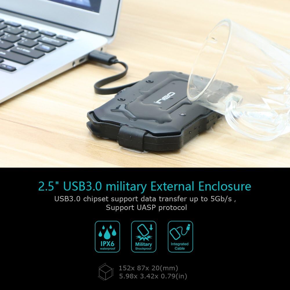 Ineo 2.5" USB 3.0 Type A Rugged Waterproof & Shockproof External HDD Enclosure - IP66 Rated, Compatible with PS5, Xbox, Laptops, MacBook, WD, Seagate, Toshiba, Samsung, Hitachi [T2566-II]