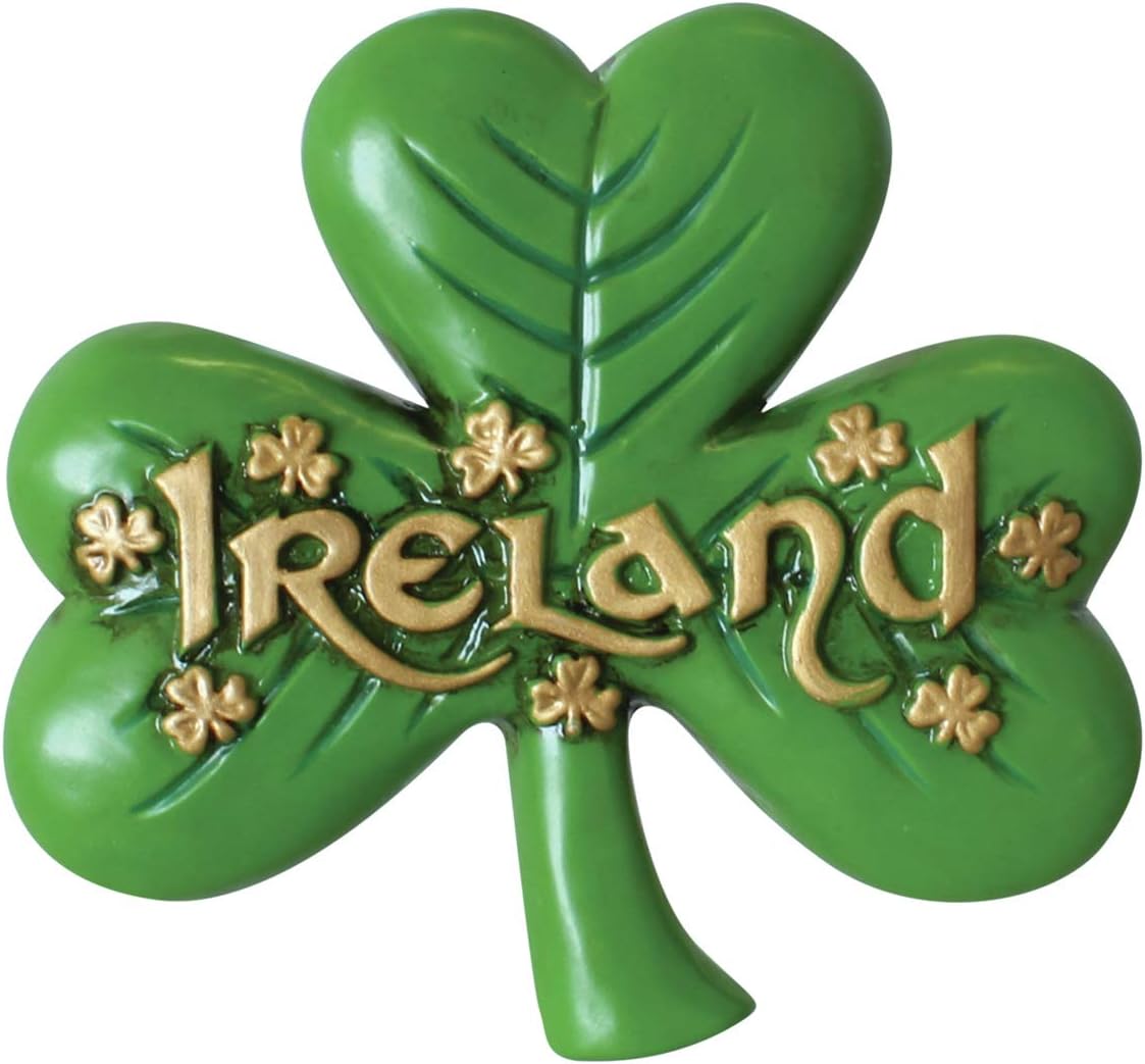 Antique Magnet of Large Shamrock and Gold Ireland Text and Small Shamrock Design