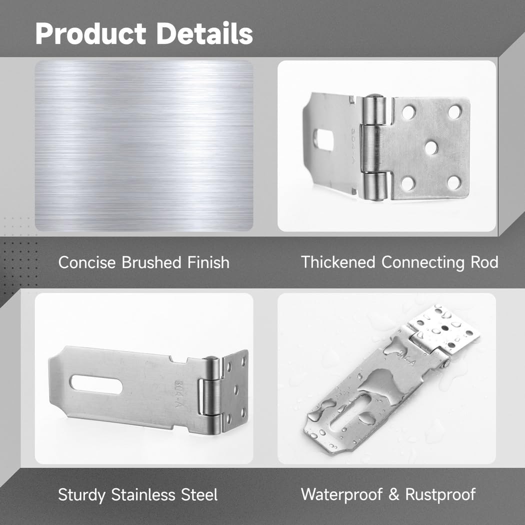 6-Piece Stainless Steel Door Hasp Latch Set, 4-Inch Brushed Finish, Includes Screws for Easy Installation, Ideal for Doors, Cabinets, Gates, Sheds