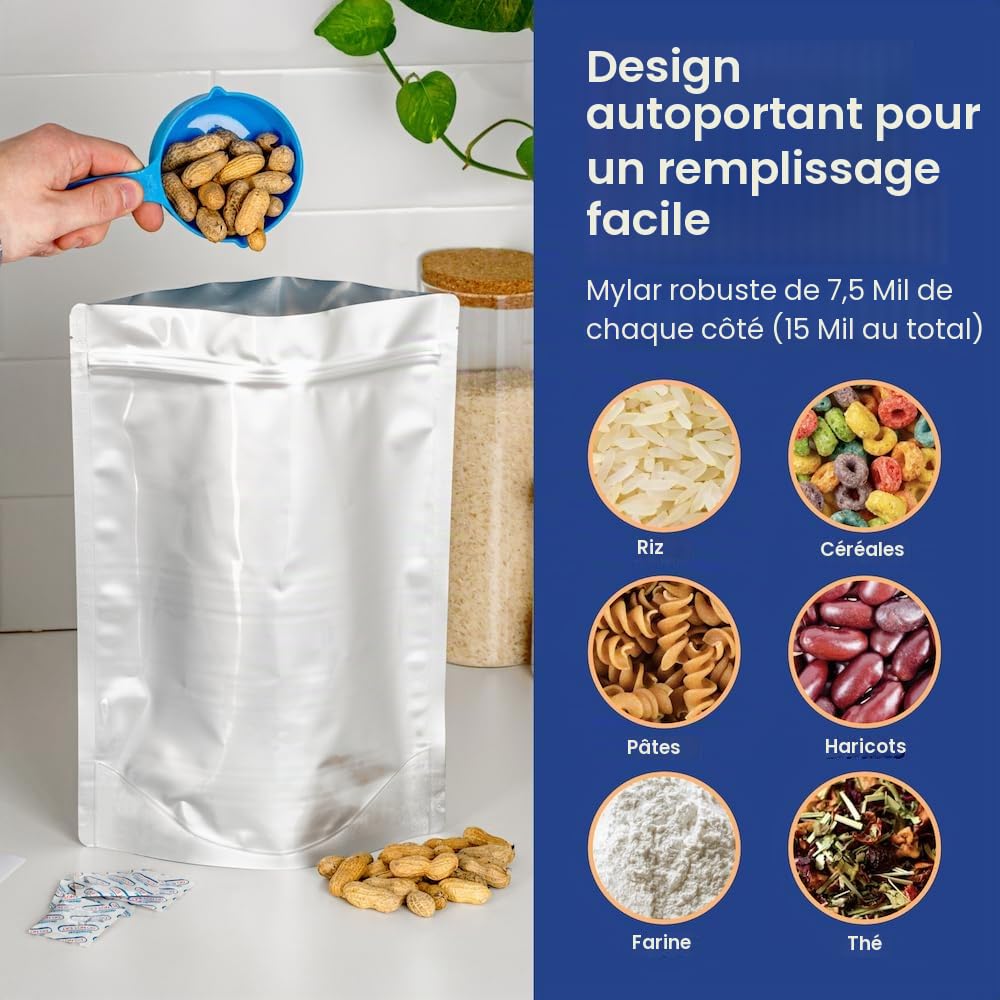 Wallaby Lot de 30 sachets en mylar à gousset de 1 gallon – Thermoscellable et sans danger pour les aliments – Stockage alimentaire à long terme – Argent standard Paquet de 30