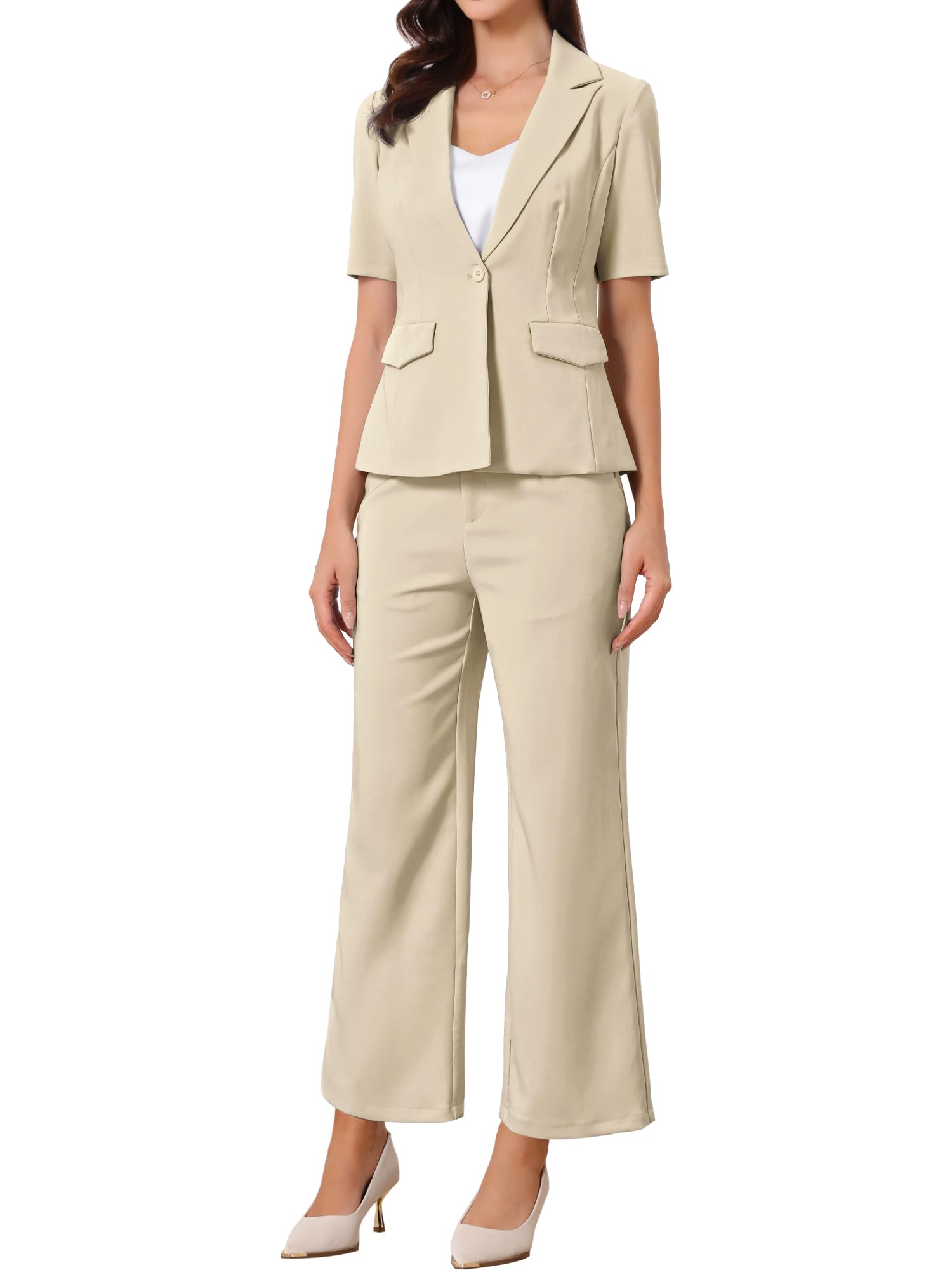 Allegra K Damen 2-teiliges Outfit Büro Anzug Set Kurzärm Business Blazer Jacke und Anzughose