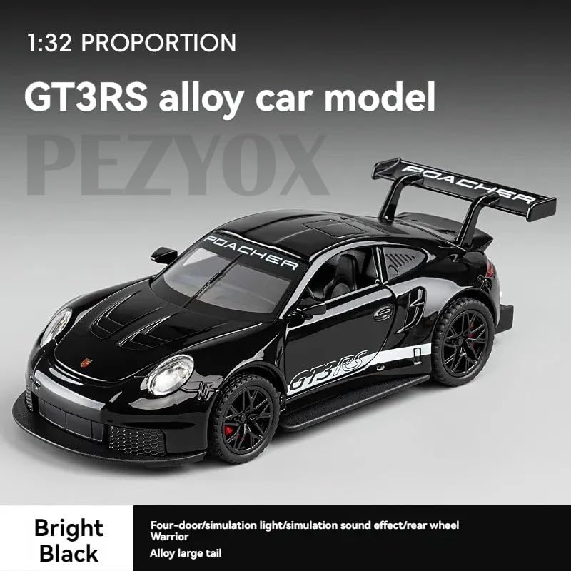 Image of PEZYOX 1:32 Porsche 911 GT3 RS Diecast Model Pull Back Toy Car with Sound & Light Openable Doors Miniature Racing Car for Kids & Collectors Gift for Boys & Adults (Black)