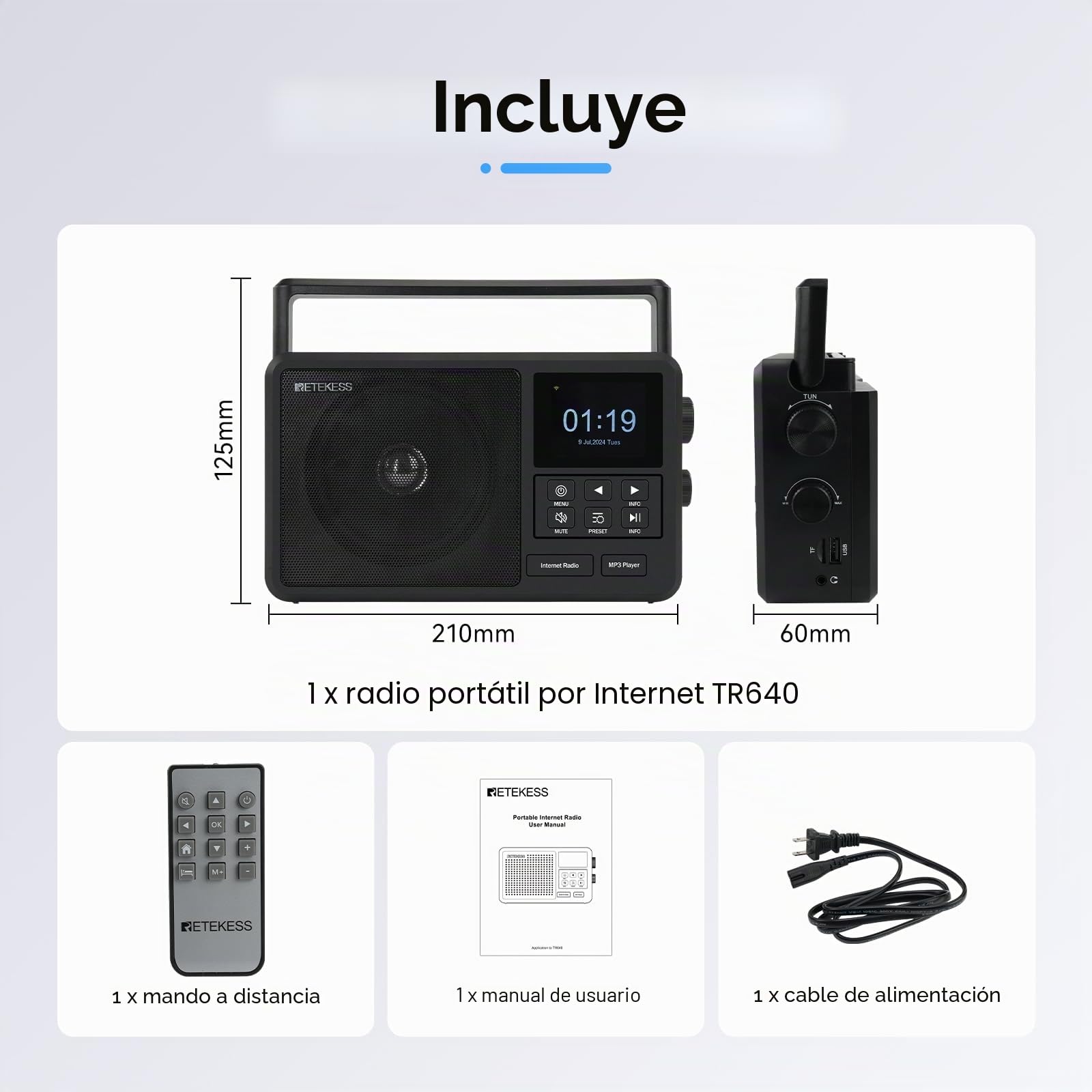 Retekess TR640 Radio por Internet,Radio Digital Dab,Digital FM,Apta para Entusiastas,Silencio con un Solo Toque,Antena Externa,con Control Remoto,Operación de la Perilla