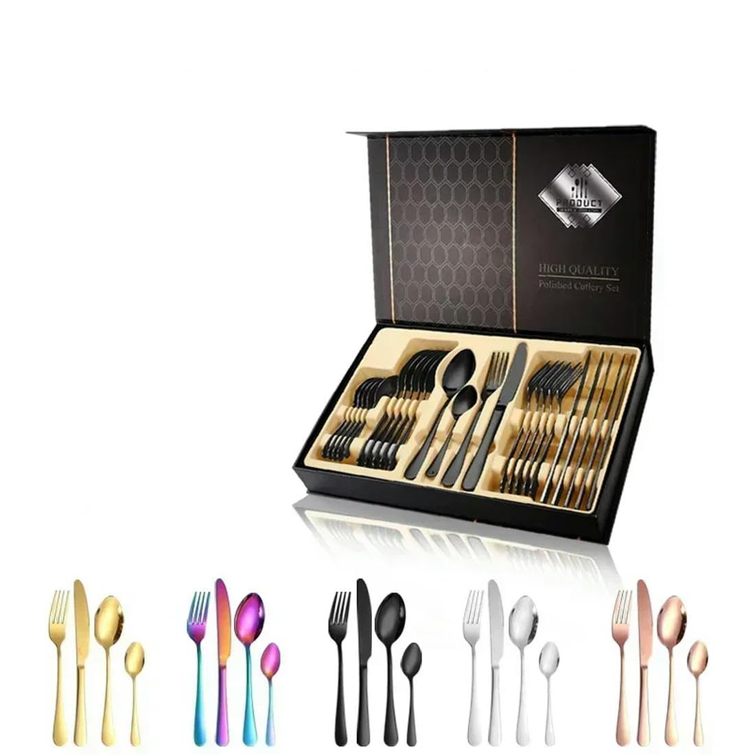 Ensemble de Couverts de Restaurant en Acier Inoxydable, 24 pièces, Couverts dorés, légers et spéculaires, Couteau à Steak, Fourchette, cuillère à café, avec boîte Cadeau