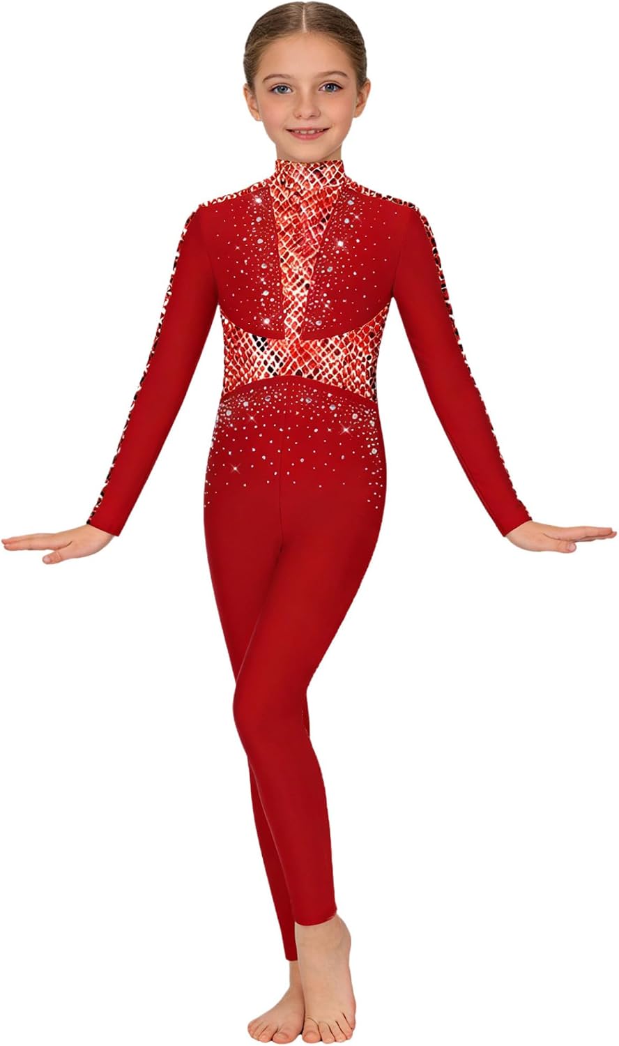 Girls Printed Gymnastics Full Body Leotard Sparkly Rhinestone Mock Neck Figure Skating Unitard for Competitions