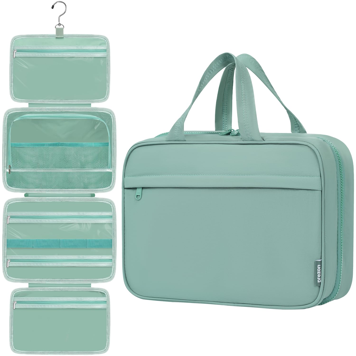 prezon Toiletry Bag for Women, Portable Hanging Organizer, 4 Leakproof Compartments for Full-Sized Conditioners, Brush Sets, Makeup Accessories,