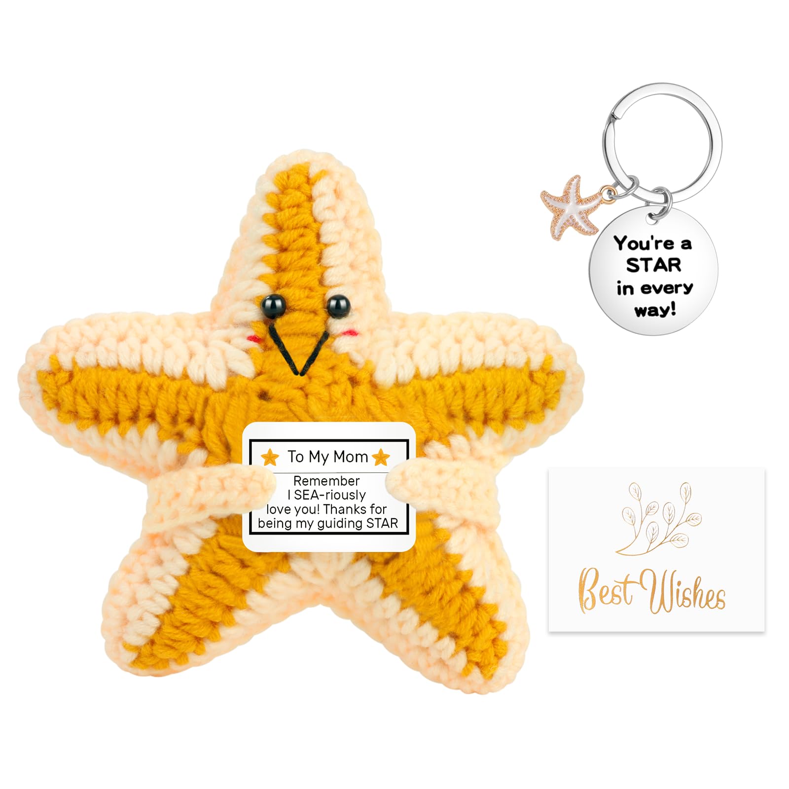 Vspek Positive Crochet Starfish Doll, Handmade Emotion Support Gift, Positive Crochet Animals with Card, Starfish Keychain, Birthday Gifts for Friend, Coworker, Home Office Desk Decor — image 1