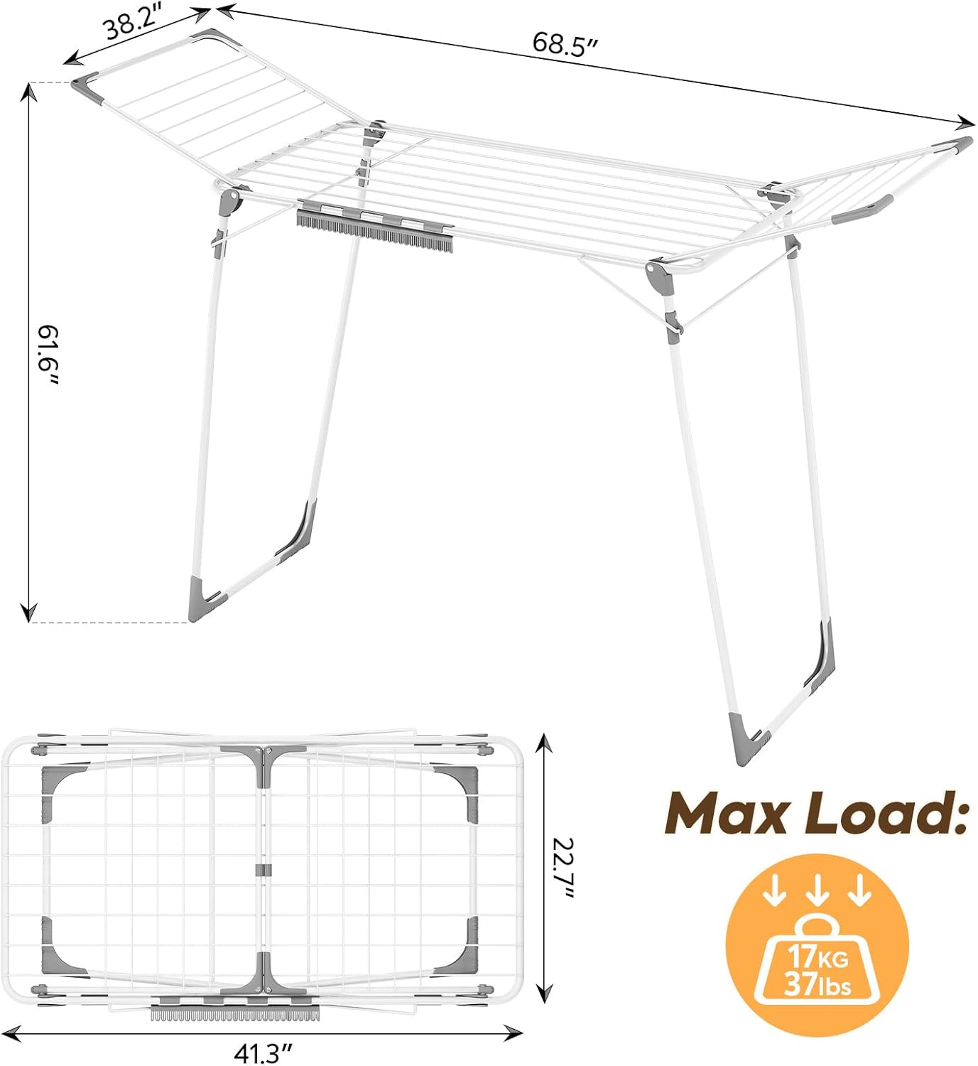 KINGBOARD Clothes Drying Rack Foldable, Large Laundry Drying Rack with Double Wings, Heavy Duty Drying Rack Clothing for Indoor Outdoor, Portable Clothes Drying Rack with Non-Slip Feet, White