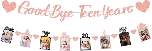 Happy 20th Birthday Decorations for Her - Rose Gold Glitter Goodbye Teen Years Banner and Photo Garland Kit, Funny Farewell Teenage Hello 20 Bday Party Supplies, Pre-strung