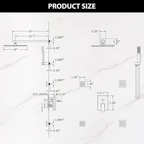 Miniatura 7 de Sistema de ducha con 6 chorros de pulverización corporal de 12 pulgadas, cabezal de ducha de lluvia montado en la pared, puede funcionar todos