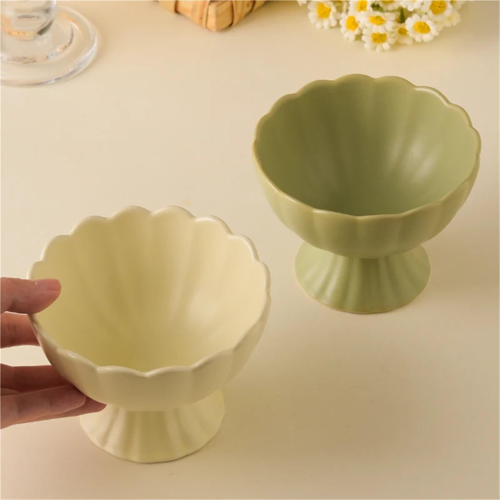 Coppe Gelato Ciotola in Ceramica con Gamba Alta da 2 Pezzi, Ciotola da Dessert da 200 ml/7,5 Once, utilizzata for frullati, marmellata, Ciotole for Gelato per Dessert(Yellow)