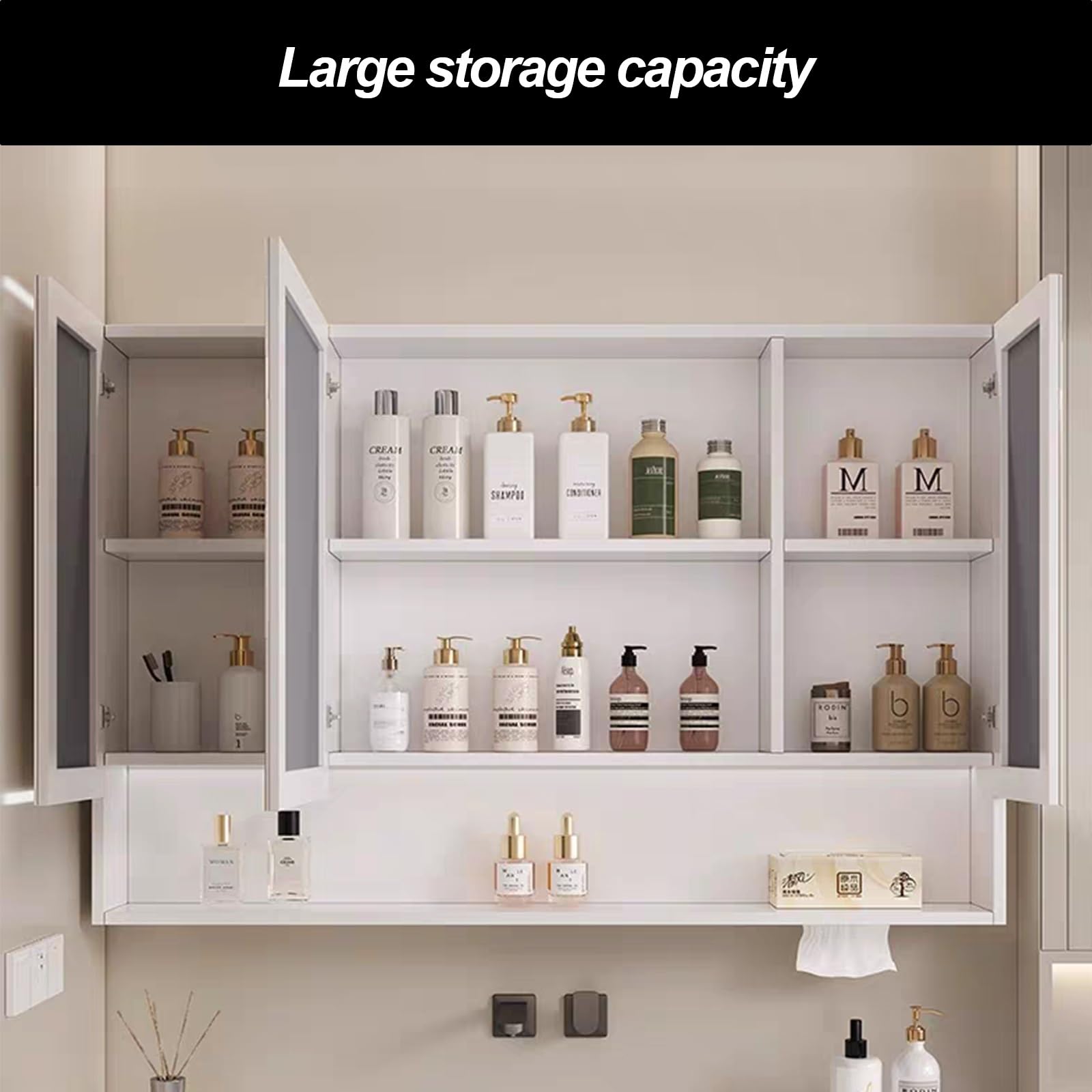 Espejo Baño con Luz, Antivaho, Espejo de Baño con Almacenaje, Armario Baño Pared, Mueble Espejos de Baño para Salón, Dormitorio