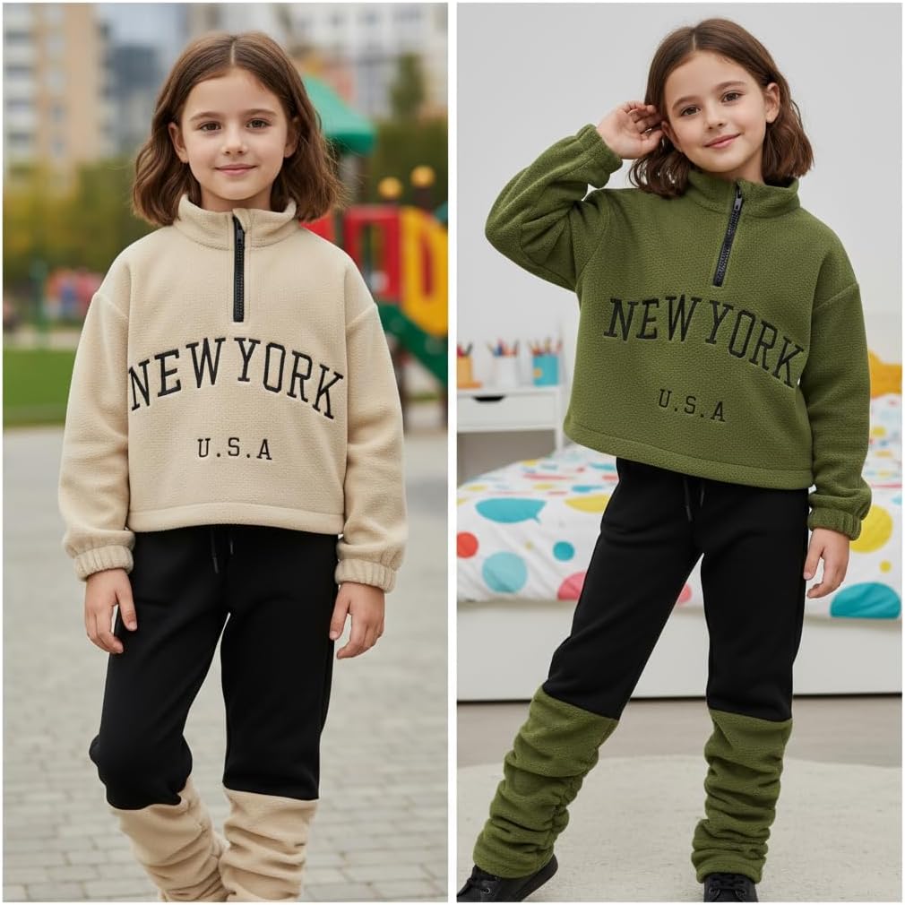 Girls Pants Set 4 Pieces Letter Printed Quarter Zip Fleece Top and Jogger Sweatpant Set 3-12Y - Image 6